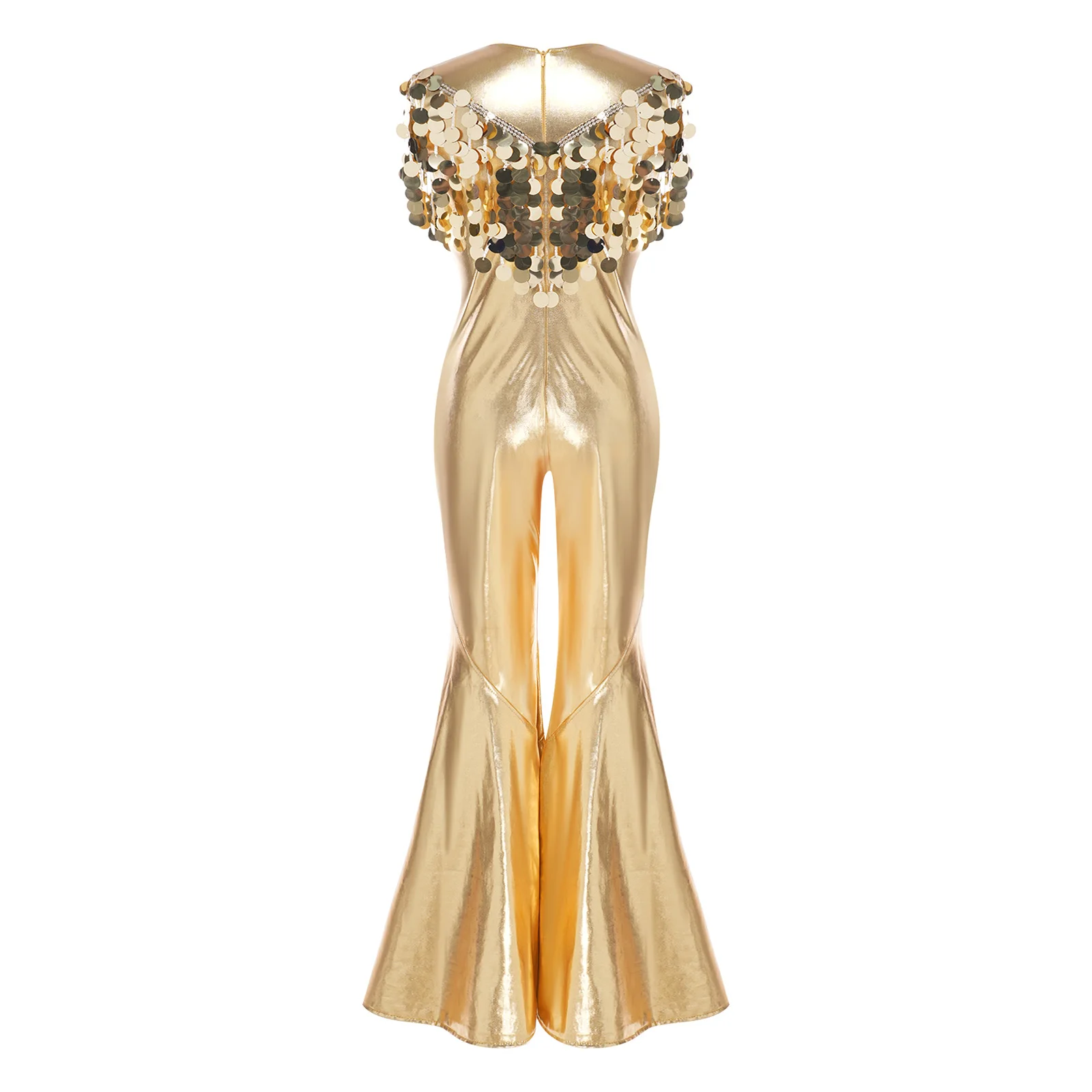 Kids Girls Tassel Sequins Flared Rompers Disco Outfit Jazz Dance Costume Metallic Jumpsuit Sequin Bell Bottom for Pageant Party