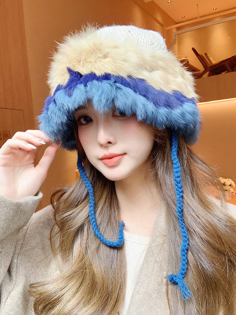 

Autumn Winter Dopamine Stripes Patchwork Colorful Rabbit Hair Hand Knitted Hat Female Show Face Small Winter Warm Hat