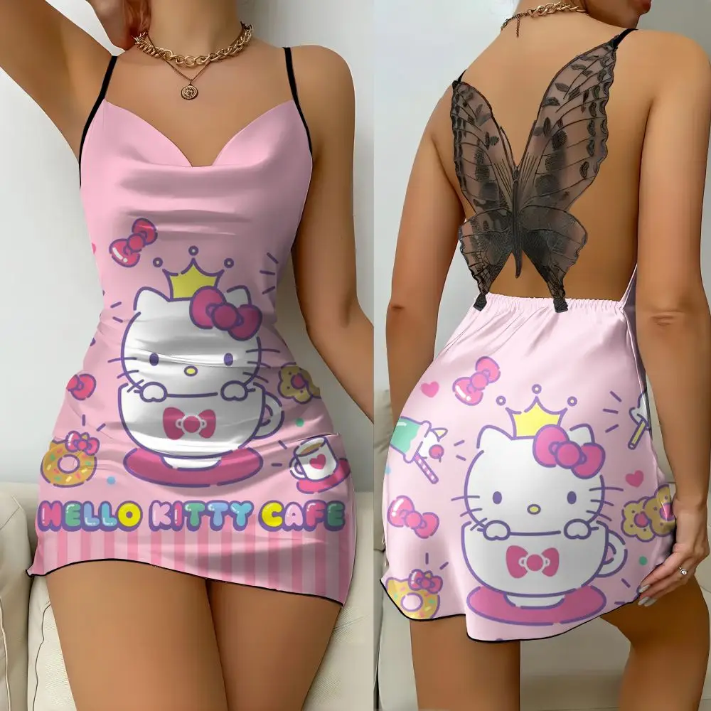 

Sexy Off Shoulder Strap Dress Sanrio Hello Kitty Elegant Lettuce Edge Bow Mini Dress Nightclub Style 2024 Unique Sleeping Dress