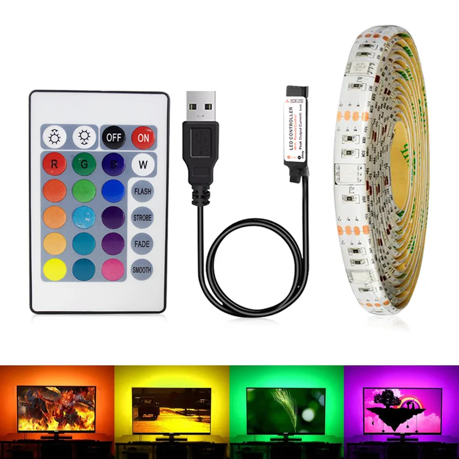 

USB LED Strip Light DC 5V Adhesive RGB Tape Remote Control Flexible Ribbon Lamp SMD 3528 For TV Backlight Decoration Lighting