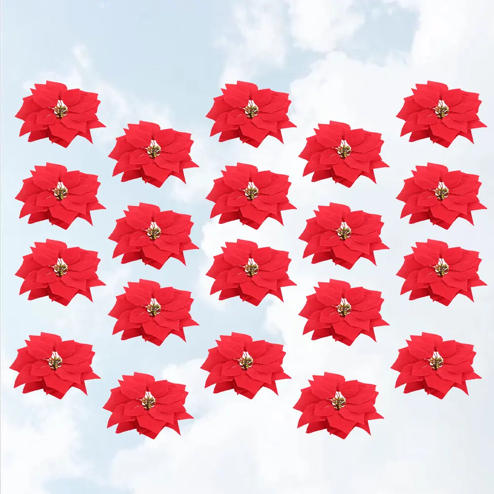 

20 Pcs Christmas Flower Red Decor Ornaments Trimmings Artificial Flowers for Outdoors Decorate Glitter Winter Arrangement