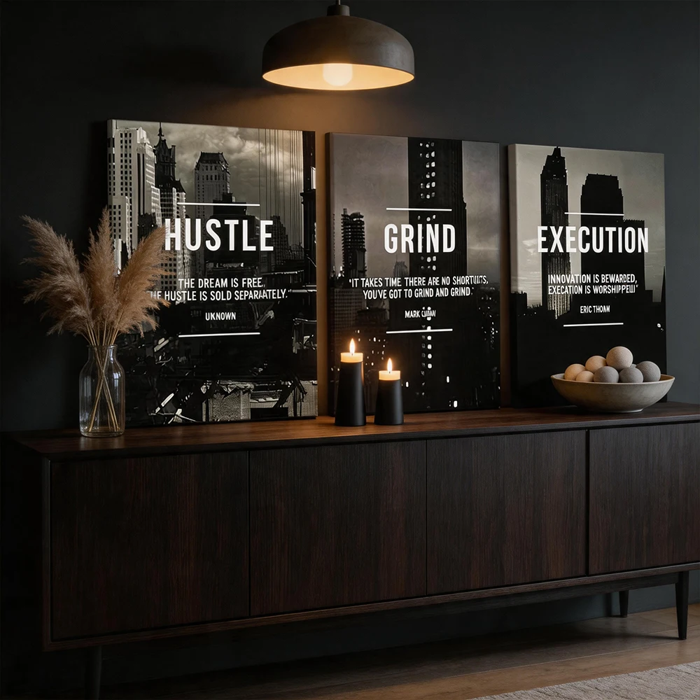 3pcs/Set Wooden Frame Canvas Wall Art, Hustle Grind Execution Cityscape Motivational, Living Room Bedroom Office Home Decor
