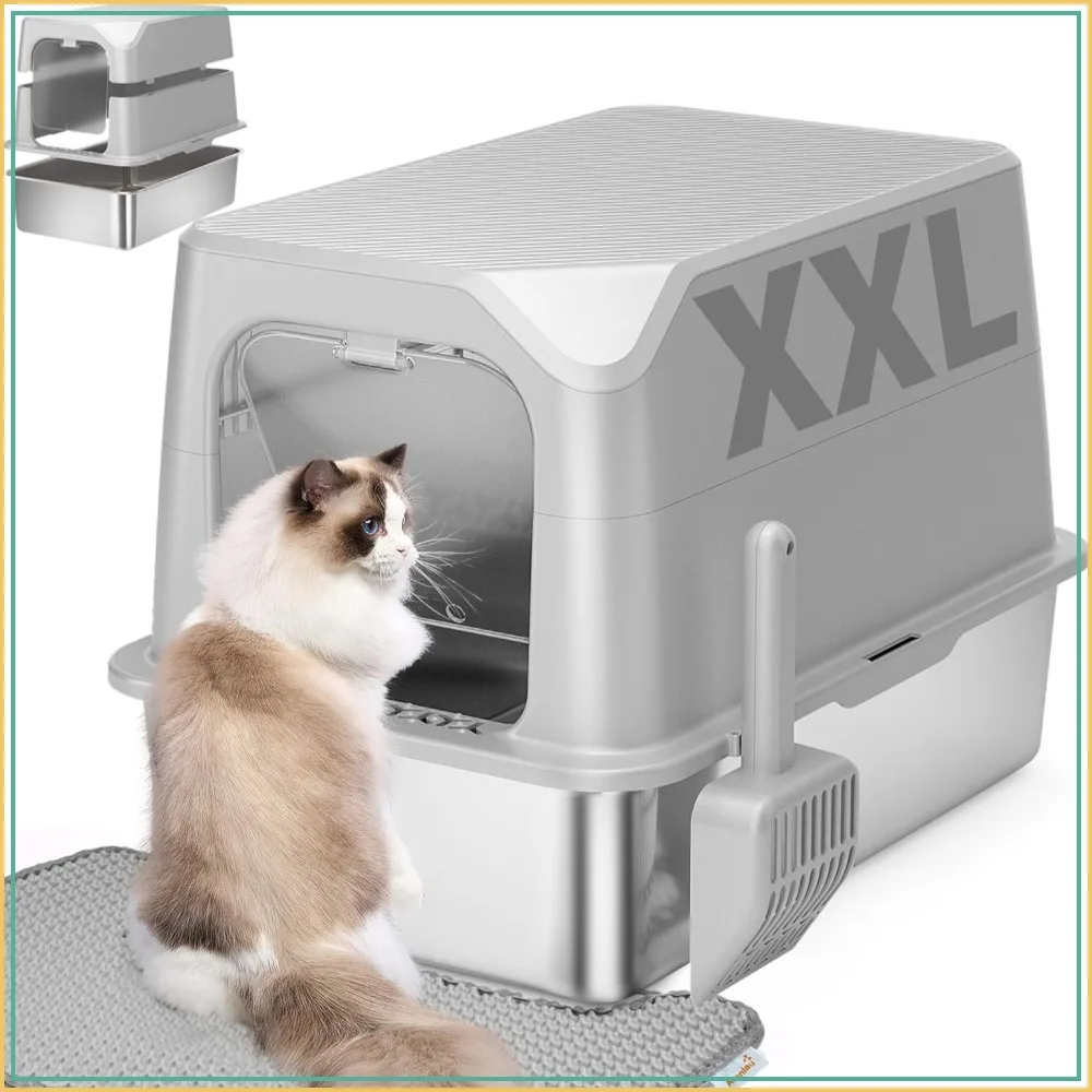 Extra Large Stainless Steel Cat Litter Box with Lid, Easy Clean, Anti-Leak, Non-Stick, 2-in-1 for Large & Small Cats