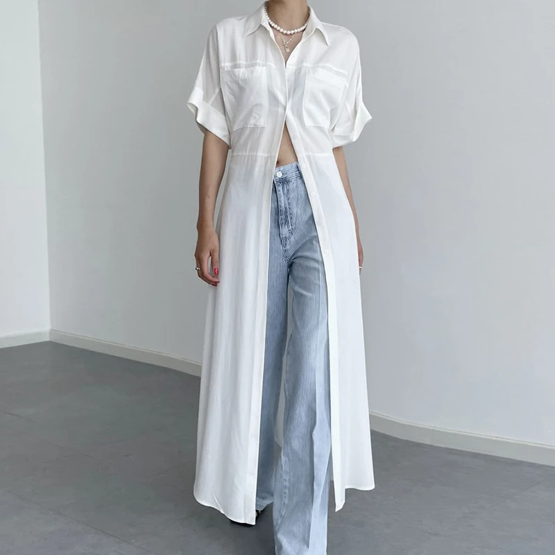 Robe chemise française Chic à manches courtes, col rabattu, coupe cintrée, longue, simple boutonnage, mode dames, robe fine et élégante, été