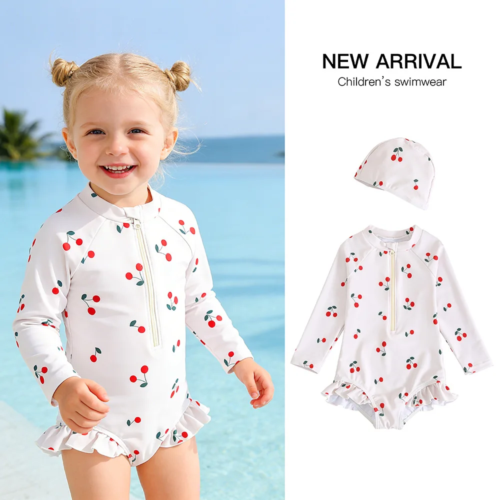 

Купальник для девочек с вишнёвым принтом, длинными рукавами, защитой от солнца, на молнии до середины, с рюшами по низу, пляжная одежда