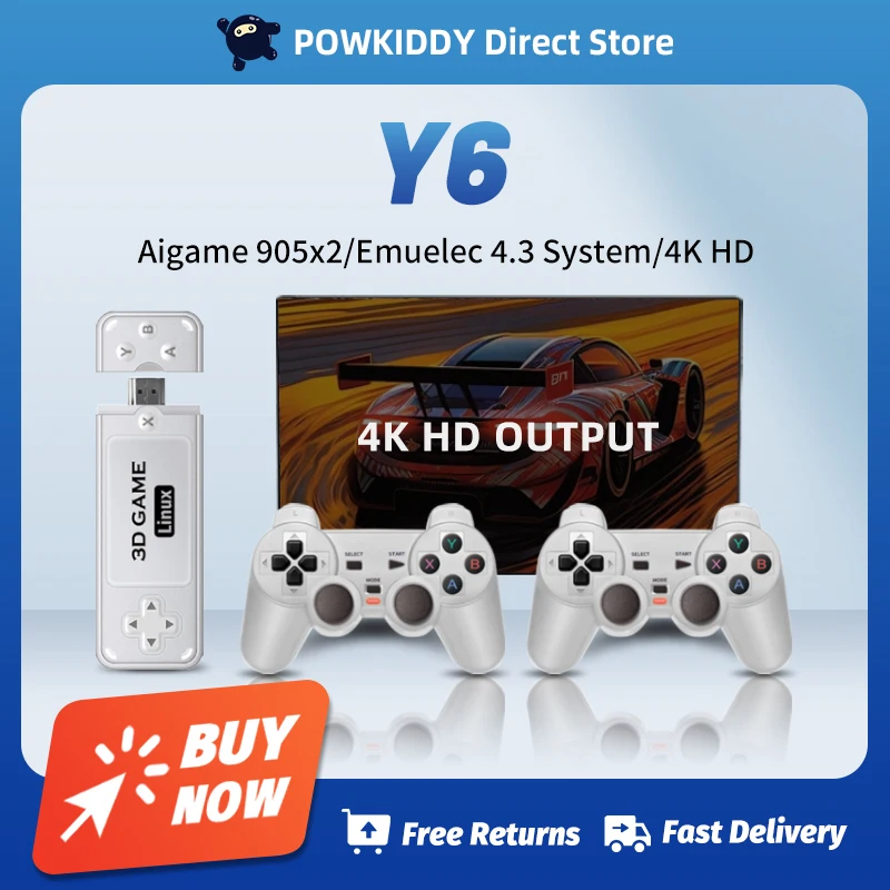 Powkiddy Y6 2.4G Wireless Game Tv Stick Retro PS1 Family 4K HD Portable Video Game Console Support Multiplayer 10000 Games