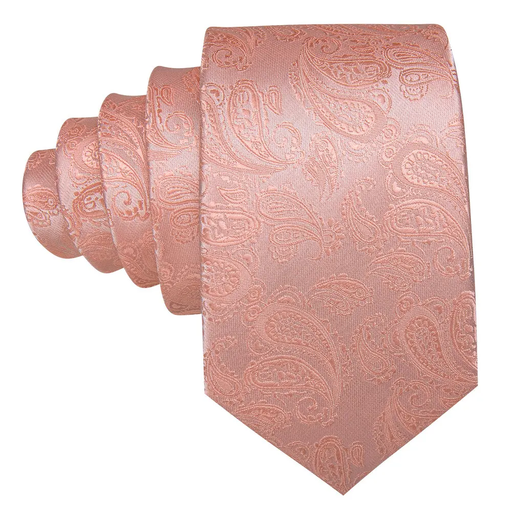 Corallo rosa uomo cravatta di seta 7cm di larghezza con tasca gemelli quadrati Set moda Paisley cravatte tessute festa di nozze Barry.Wang 5554