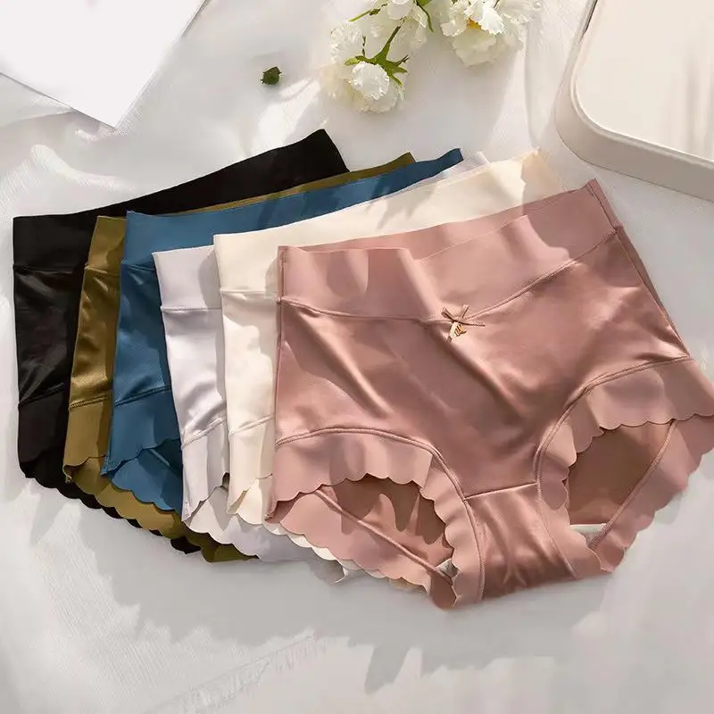 Silky Satin Women's Panties Soft Seamless Panties Solid Color Elastic Underwear Female Ultra Thin No Trace High Waist Briefs