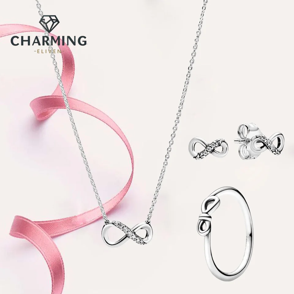 

CHARMING Jewelry Gift Set 925 Sterling Silver Sparkling Infinity Stud Earrings Infinity Necklace Infinity Knot Ring Wedding Gift