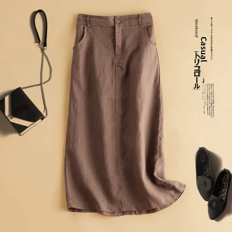 الصيف الكتان ألف خط ميدي تنورة المرأة فضفاضة التخسيس اللون تنوعا القطن الكتان f طول التنانير #1