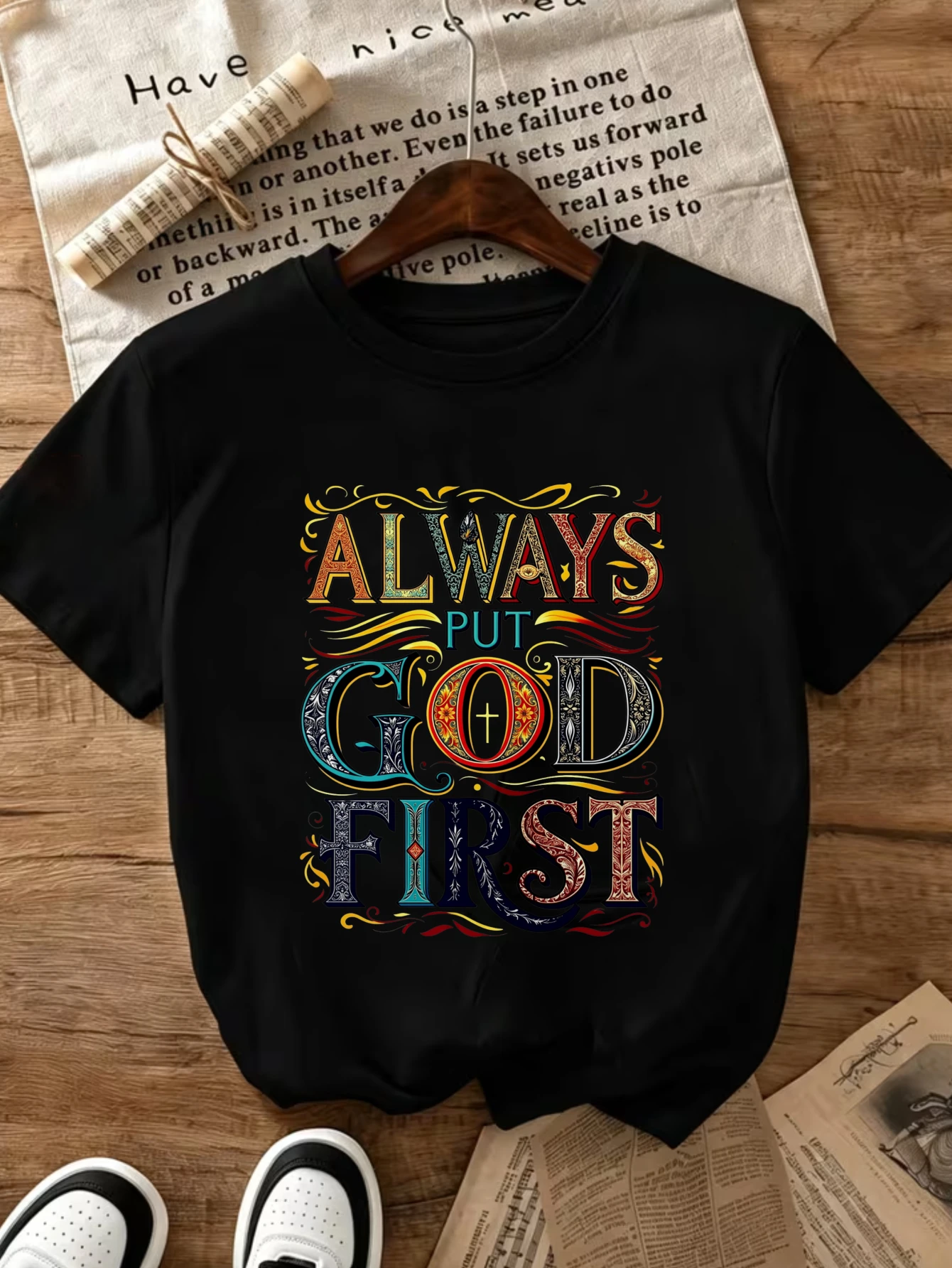 New Arrival for Spring Summer, Funny Graphic Tees, Women'S Casual Crew-Neck T-Shirt, Always Put God First Religious Faith Design, 100%, Comfortable for All Seasons, Local Delivery