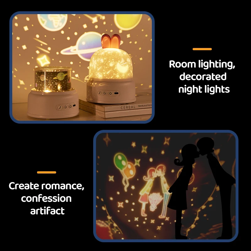 Bunny Led Night Light Star Projector Projection Lamp with Remote Control 8 Tunes Films Rotation Gifts for Kids Birthday Bedroom