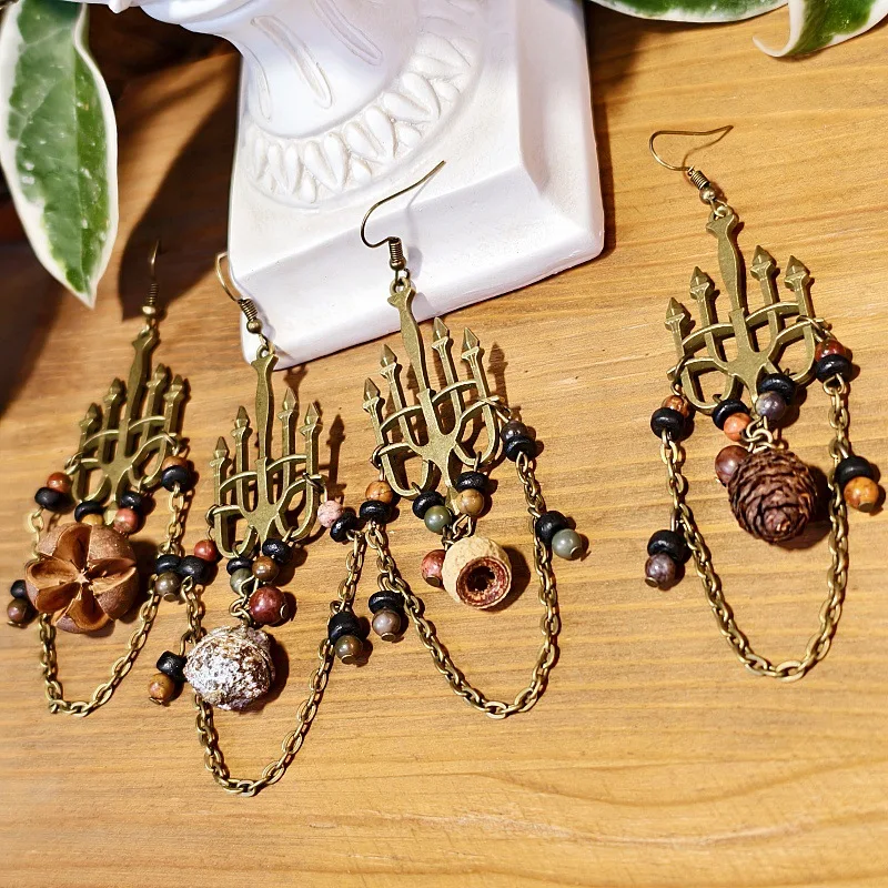 Mori retro niche long loli dark wind court style plant dried fruit hanging beads fringed candlestick lamp earrings