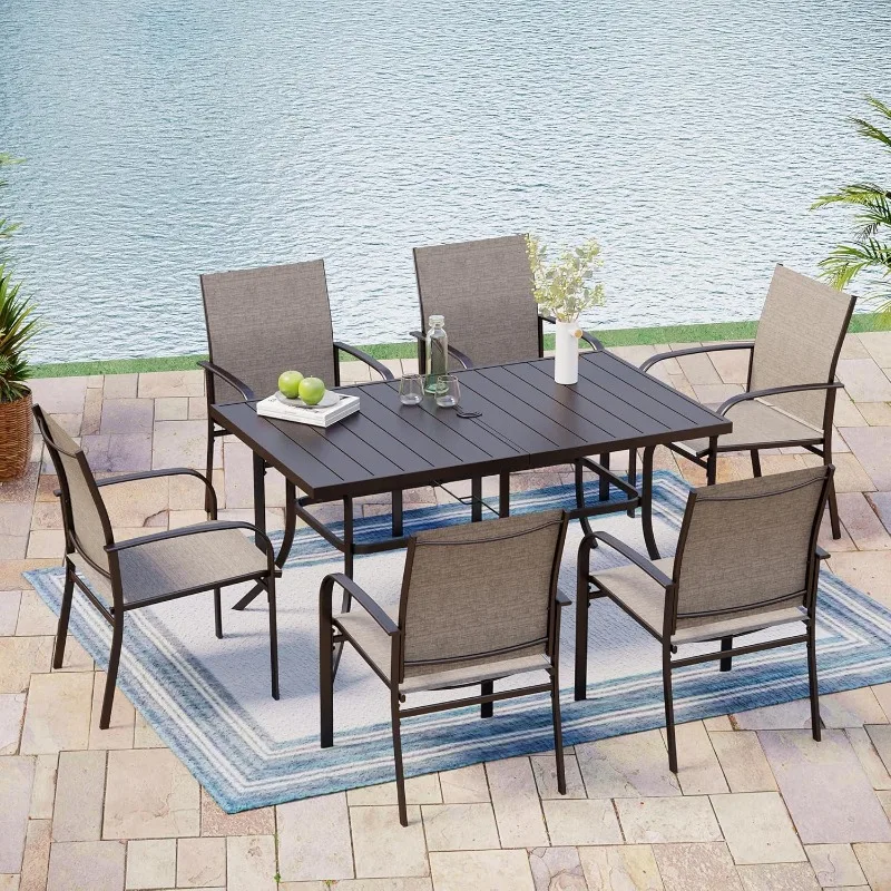 Outdoor Patio Dining Set 7 Piece Furniture Set with Metal Patio Dining Table with Umbrella Hole Table