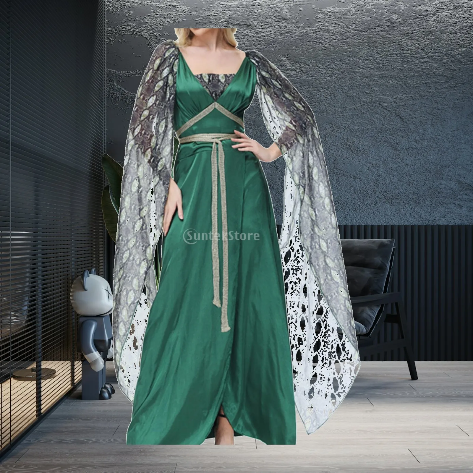 大人女性用ローマ風スネークプリントサテンドレスコスチューム-ハロウィンをテーマにしたステージショー用