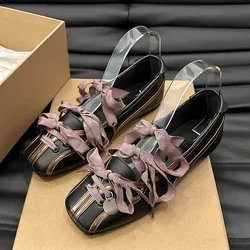 Bow Ballet Dance Designer Flats Casual Shoes Women Sandals Square Toe 2024 Trend Mary Janes Shoes Dress Shallow Zapatos Mujer