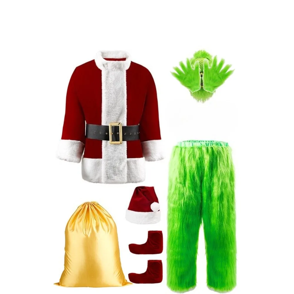 

Christmas Green Santa Costume Adult Deluxe Furry Santa Costumes Cosplay Outfit for Men Halloween Performance Suit Gloves
