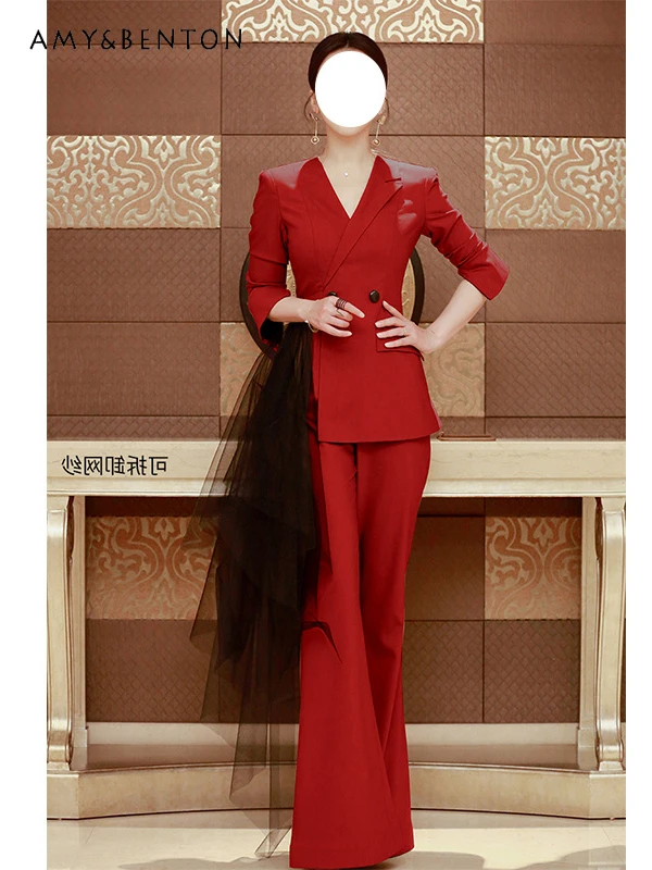 

High End Red Suit Women Spring Autumn New Office Lady Professional Temperament Suit Straight Pants 2 Piece Sets Womens Outfits