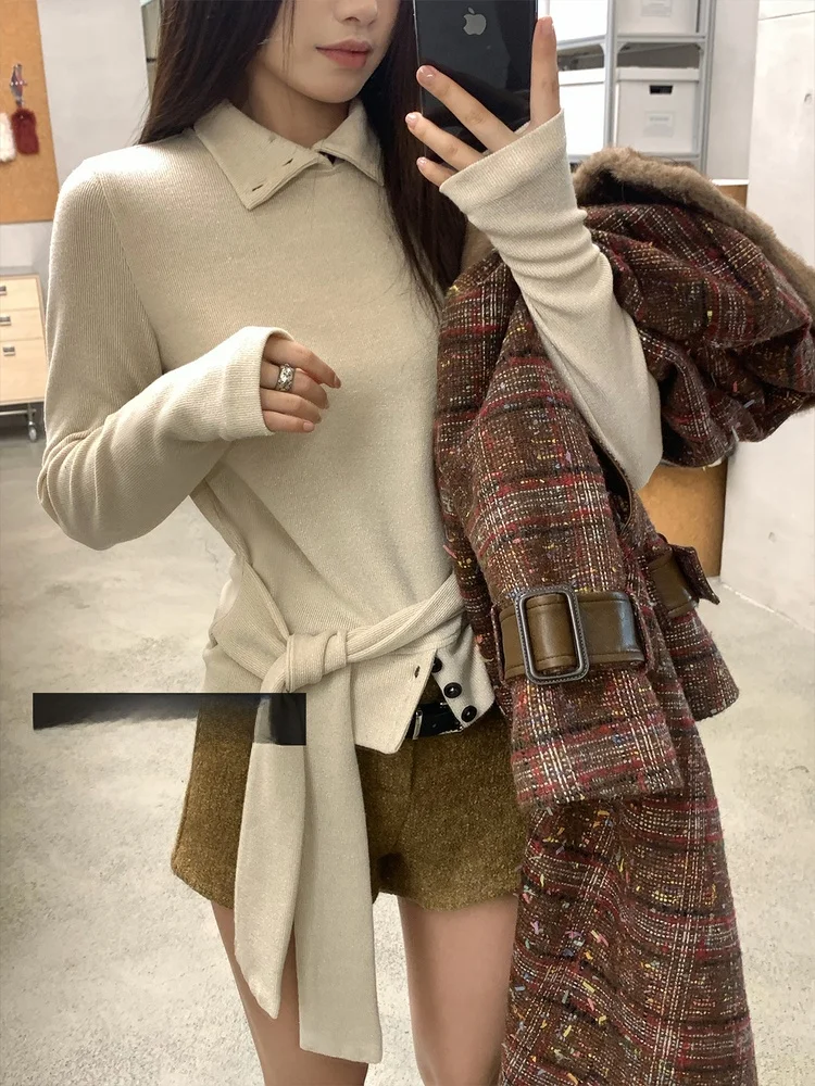 

Женский вязаный свитер Joeyoo с длинным рукавом, поясом на талии, осенне-зимний, новый, в стиле ретро, для ношения как под одеждой, так и как самостоятельная вещь