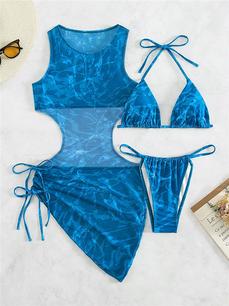 3 Pieces Gradient Print Bikini 2024 Swimsuit Women & Cut Out Cover Up Swimwear Female Beachwear Bathers Bathing Swimming Suit