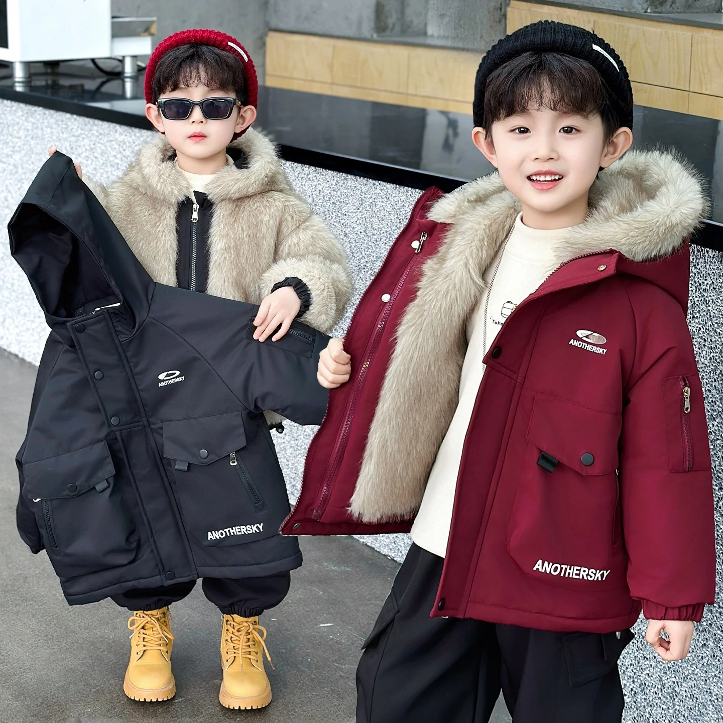 

Boys' Winter Threeway Detachable Inner Cotton Jacket Three-in-One Parka Warm Outerwear Baby Coat Youthful Popular Standard Fit