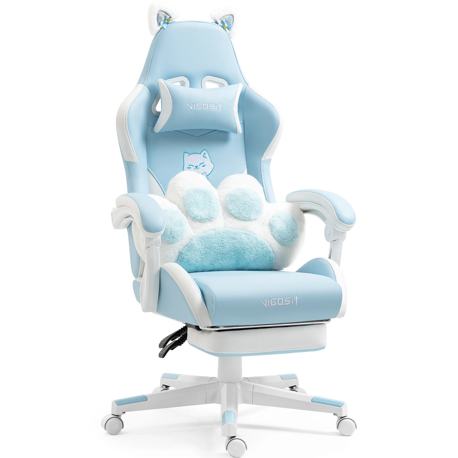 Vigosit Gamingstoel met schattige oren en Kawaii kussen, ergonomische computerstoel voor meisjes met lendensteun