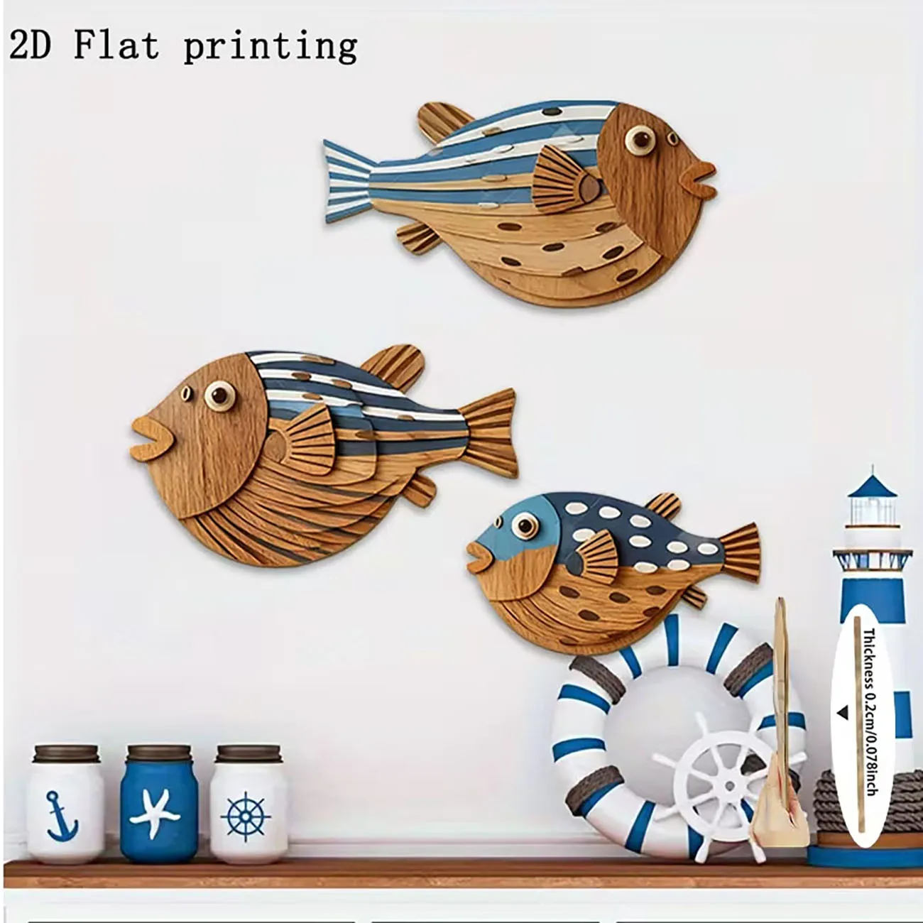Wooden Puffer Fish Wall Decor 2D Flat Print Nautical Wall Art for Bedroom Living Room Home Decoration