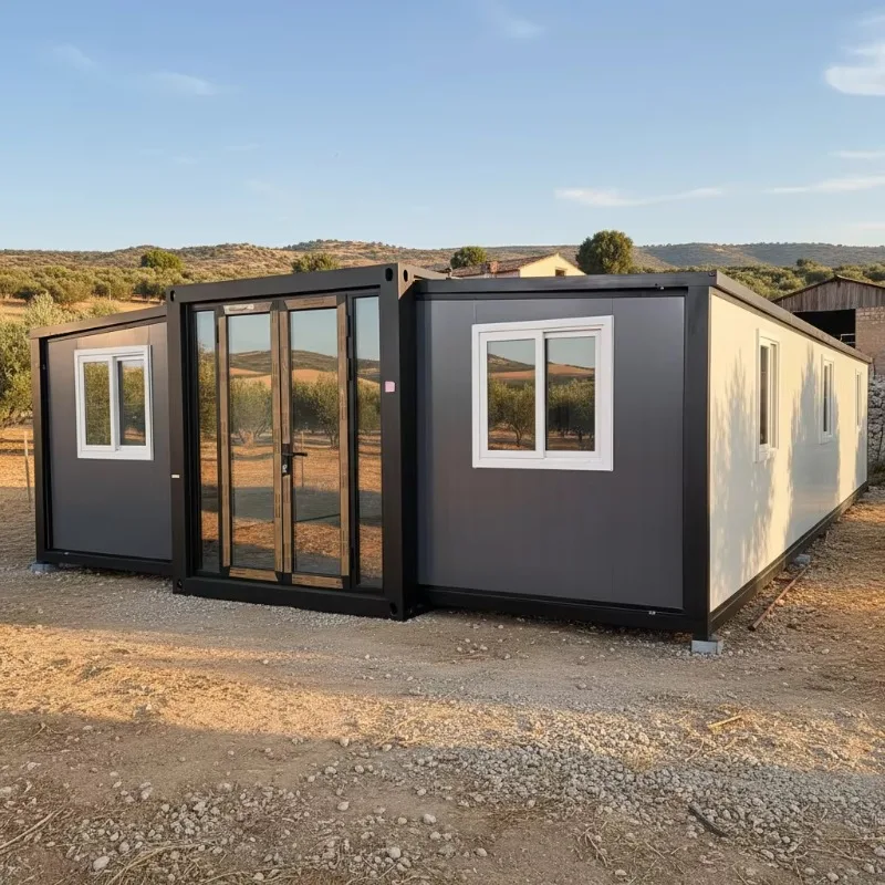 40FT Dark Gray Expandable Container House with Bathroom Luxury Camping House Living Container House Windproof Prefab Homes