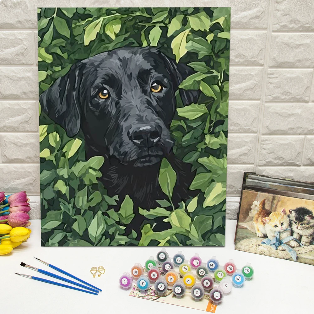 DIY-Ölgemälde nach Zahlen: Hund, Tier, digitales Ölgemälde, Blatt, Welpe, Kunsthandwerk auf Leinwand, Acrylfarbe, handgemaltes Geschenk