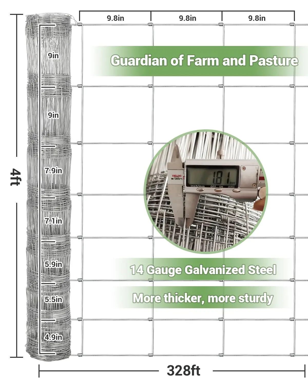 

Galvanized Wire Fence, 4x328 ft Heavy Duty for Goats, Deer, Livestock, Ranch & Yard Protection, 14GA