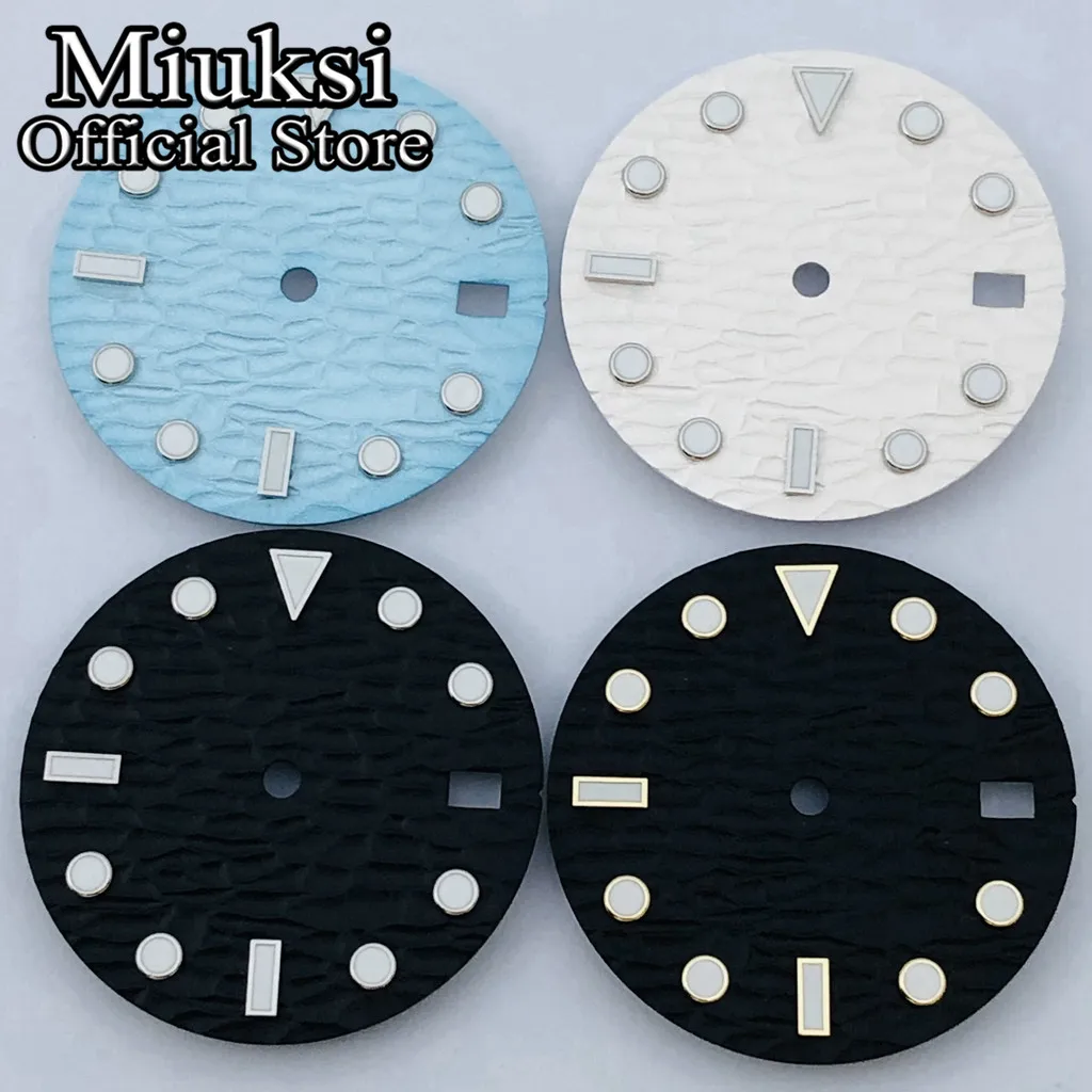 Miuksi 28.5mm black blue white sterile watch dial luminous fit NH34 NH35 movement fit 3/3.8/4.2 o\'clock crown