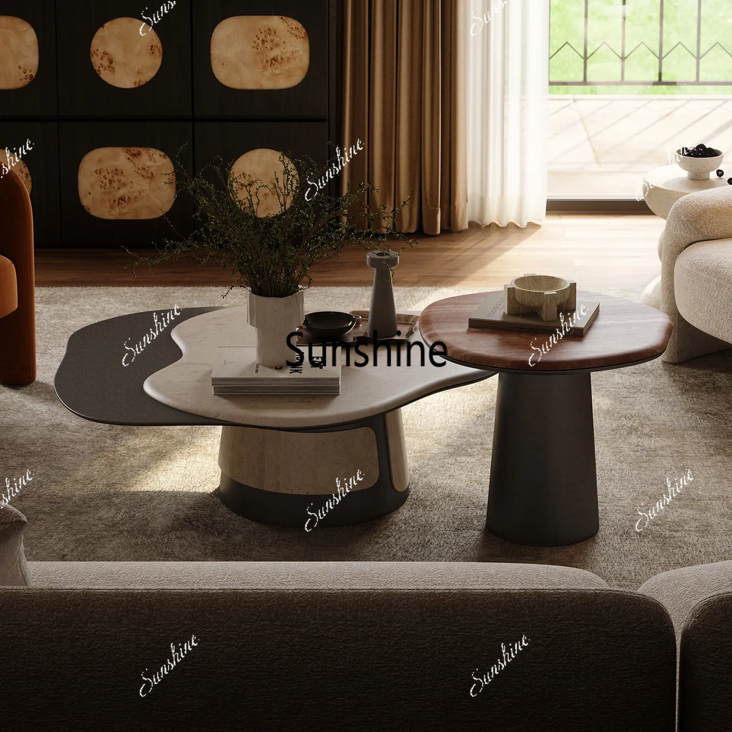 

Retro style natural marble coffee table living room light luxury size special-shaped coffee tableTJ