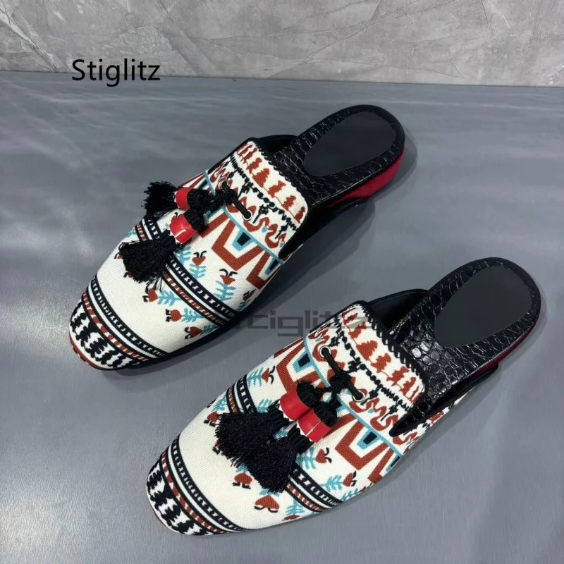 

Ethnic Prints Fringe Tassel Half Slippers for Men Comfortable Round Toe Flat Heel Home Outside Casual Mules Male Shoes