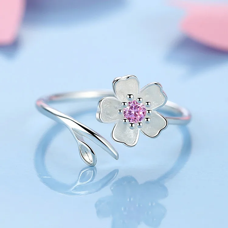 Elegant Korean Style Open Pink Cheery Flower Ring Luxury Quality Temperament Jewellery Accessories Birthday Gift anillos