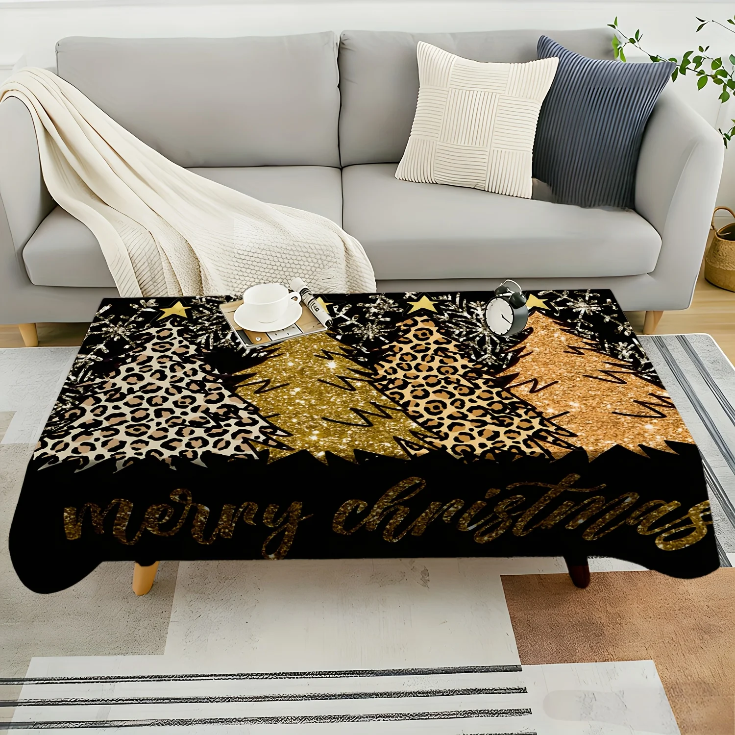 1pc 2D Flat Tablecloth, Leopard Print Christmas Tree Snowflake Star Merry Christmas Printed Rectangle Tablecloth