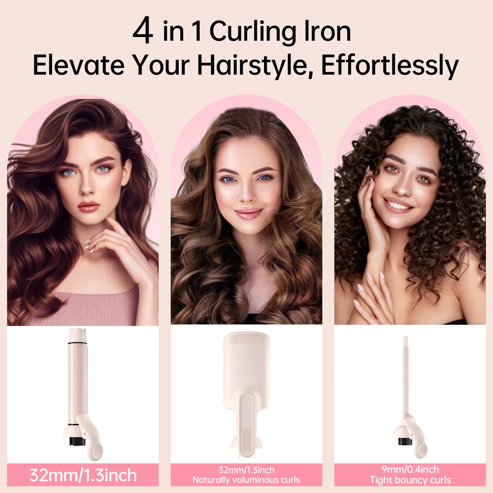 4-in-1 Curling Iron Wand Ceramic Coated Multi-Size Hair Curler Styling Tool with 5 Temperature Settings Pink Hair Styling Wand