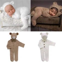 Lovely Newborn Photography Props Boys Girls Outfits Mohair Bear Hat Bonnet & Footed Romper Bodysuit Photoshoot Costume P31B