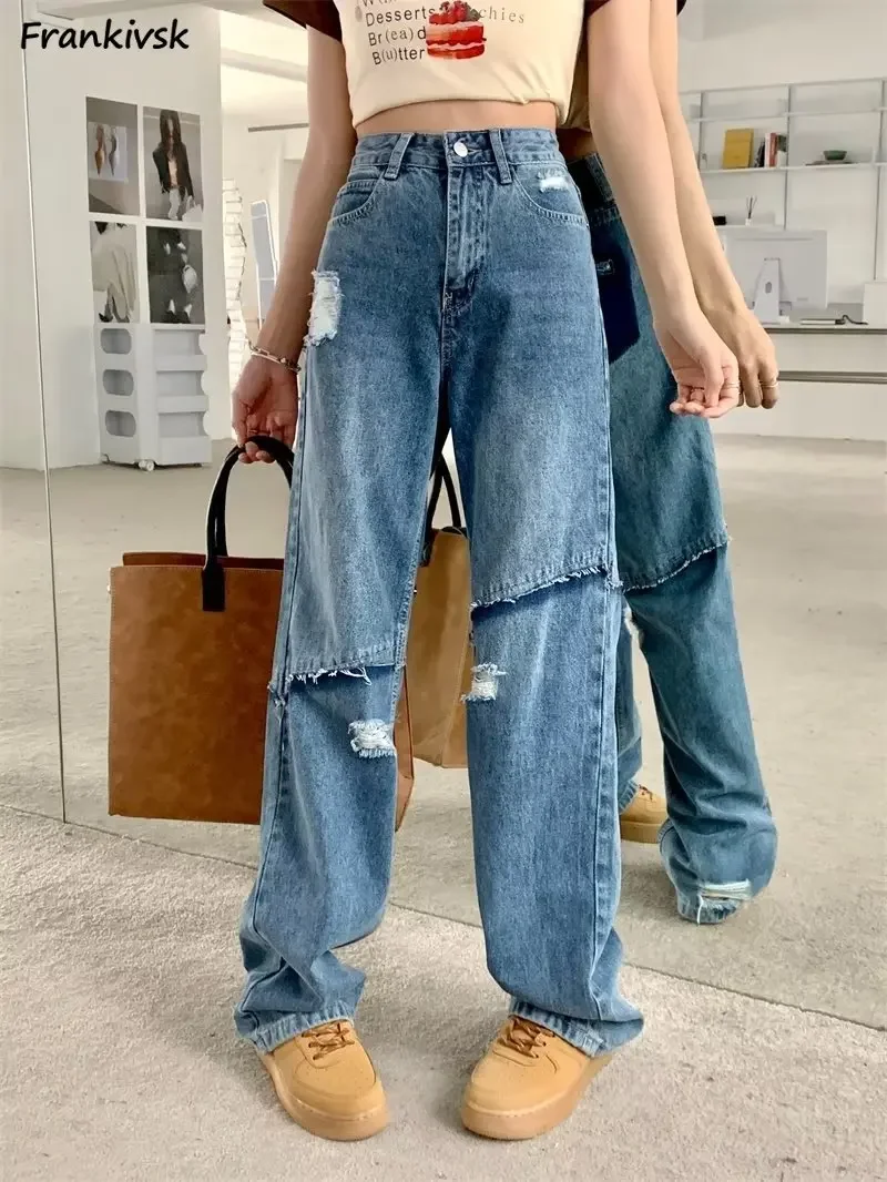 Baggy-Jeans für Damen, zerrissen, Denim, blau, schick, trendig, Allgleiches, volle Länge, College-Teenager, High Street, Harajuku, weites Bein, Sommerhose