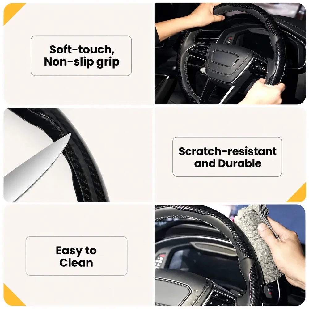 3PCS Carbon Fiber Steering Wheel Cover Set, Anti-Slip Scratch Resistant Universal Fit for 14-16 Inch Cars SUVs Trucks Black
