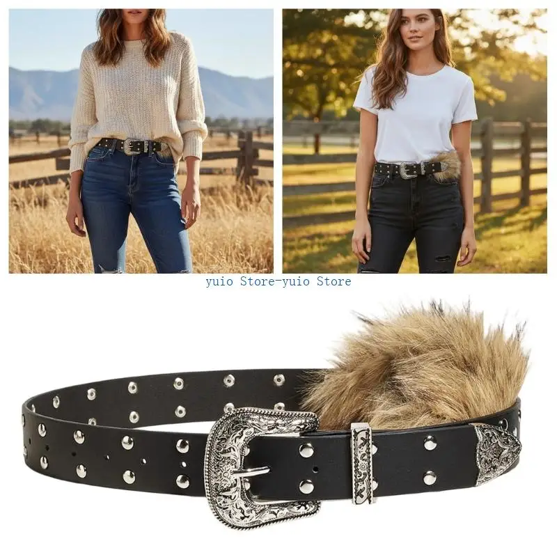 

X7XB Adjustable Faux Furs Patchworked Waist Cincher PU Leather Band Fashion Waist Accessory For Evening Event And Parties