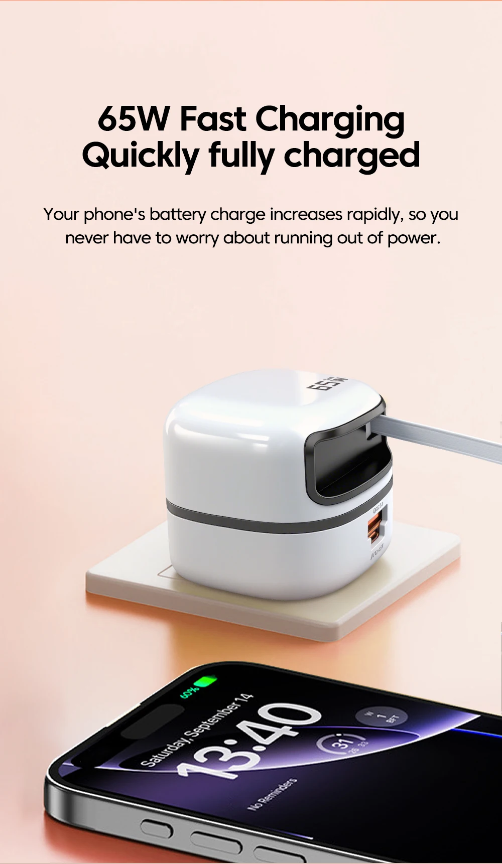 Cargador de carga rápida de 65W, adaptador de corriente para teléfono móvil con cable tipo C retráctil para iPhone 16, 1