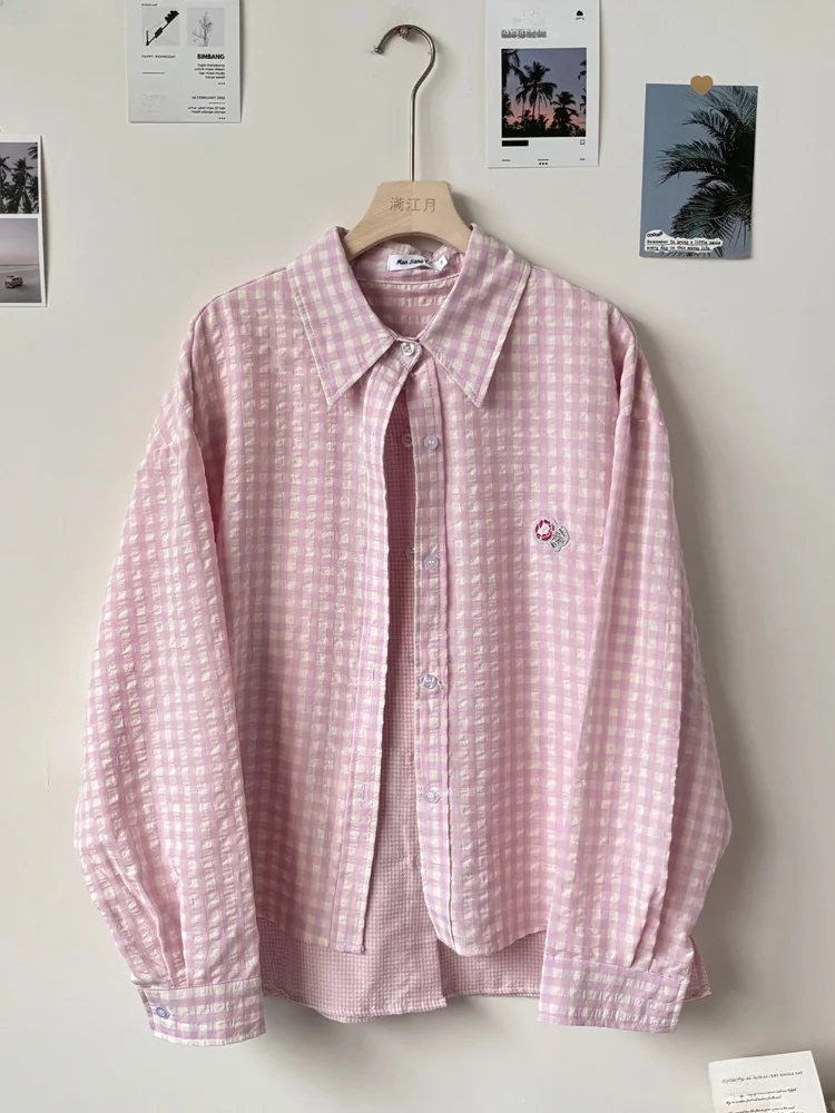 Sweet Pink Plaid irt Women's Casual Spring Autumn New Sle Small Size Top Coat Korean Version Loose Fit Button Detail