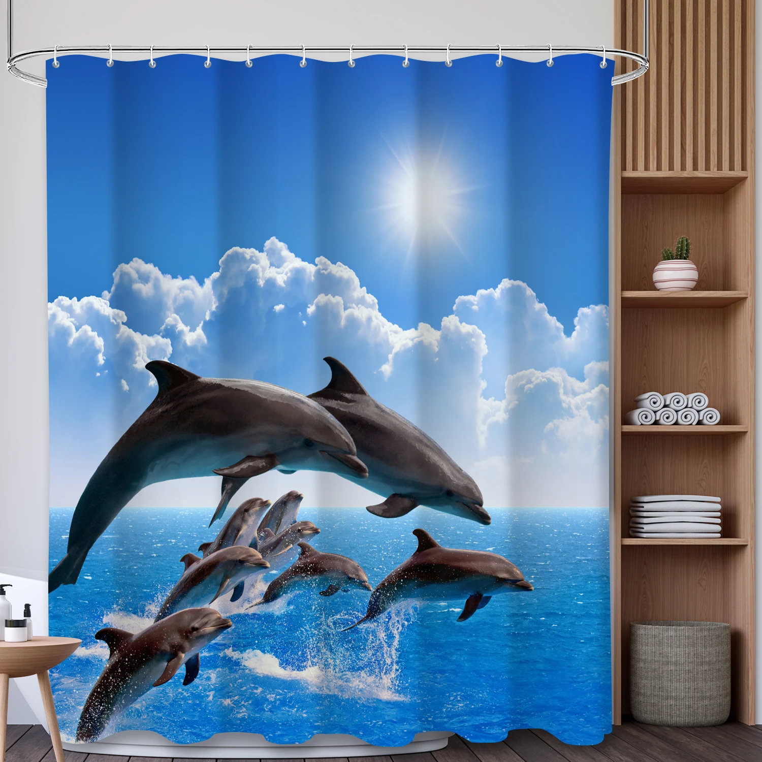 1pcs Undersea World Dolphin Shower Curtain with 12 Hooks Waterproof Perfect for Bathroom Decoration and Mold Prevention