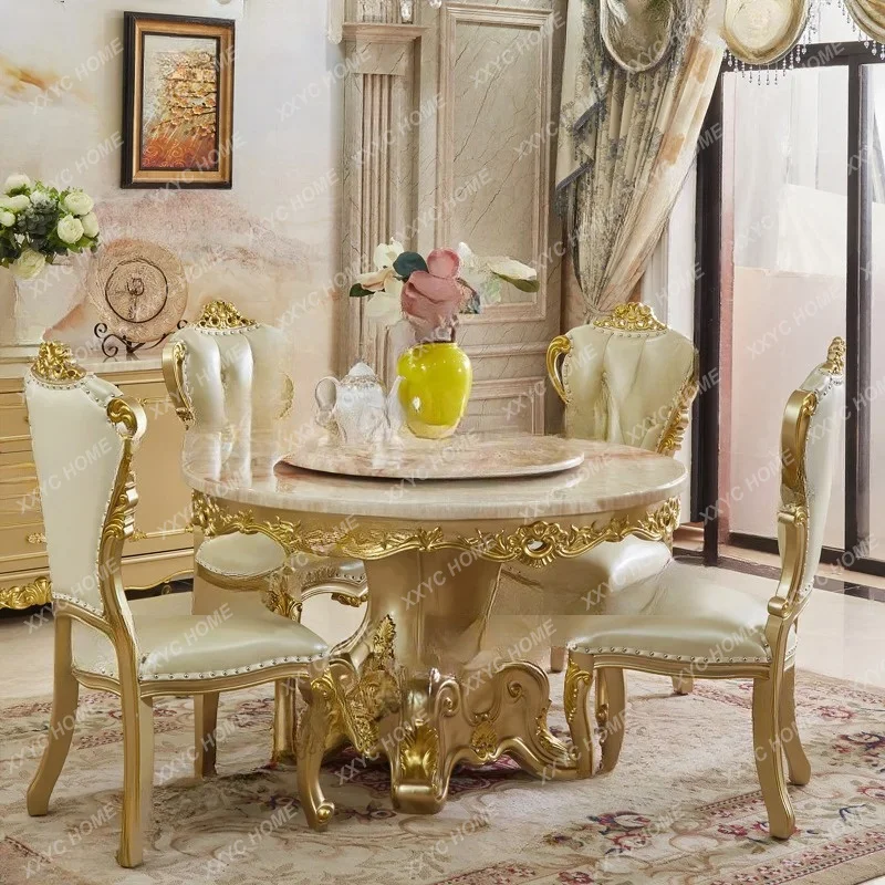 

marble dining table and chair combination luxury gold full solid wood carving flower belt turntable round table