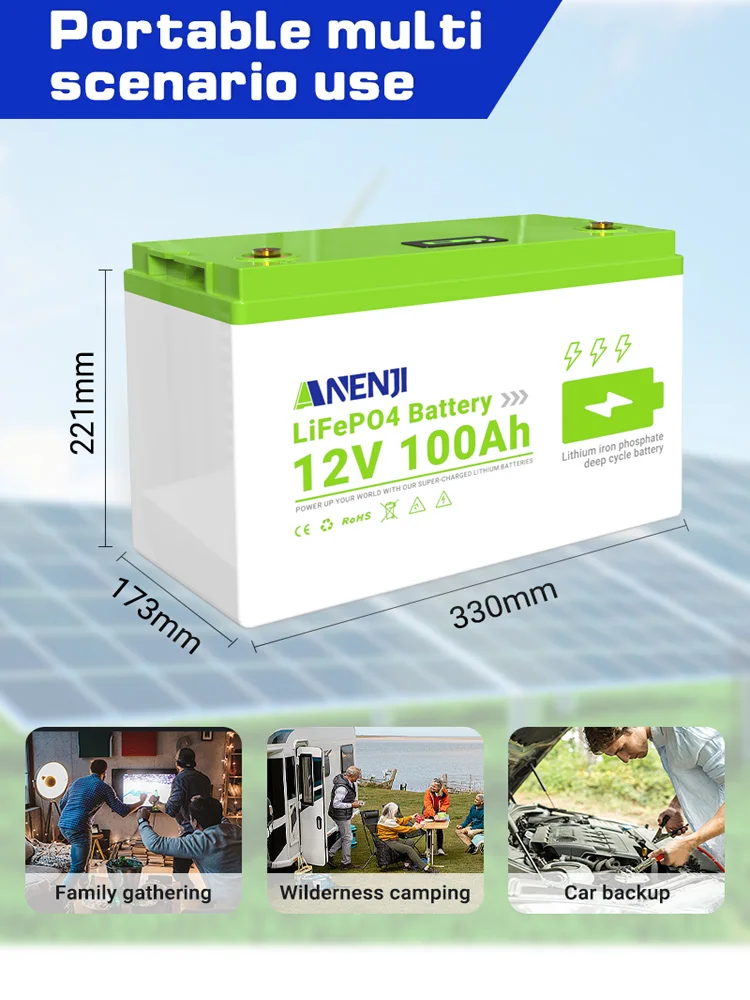 ANENJN baterai Lifepo4 12V, baterai surya 100AH paket baterai Lithium bawaan BMS 6000 siklus untuk penyimpanan energi rumah