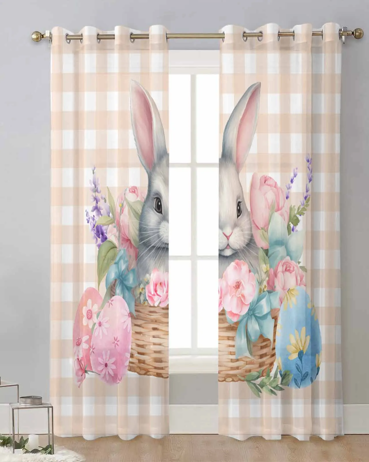 

Easter Bunny Flowers Eggs Plaid Sheer Tulle Curtain Children Bedroom Curtains Living Room Window Treatment Voile Drape