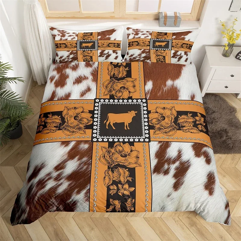 Farm Animal Duvet Cover King Microfiber Cow Fur Print Comforter Cover Patchwork Western Cowhide Bedding Set For Kids Boys Girls