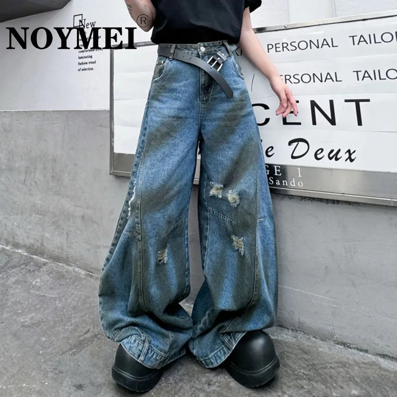 NOYMEI Hole Jeans Men's Contrasting Colors High Waist Loose Patchwork Personality 2024 Autumn New Wide Leg Pants WA5642