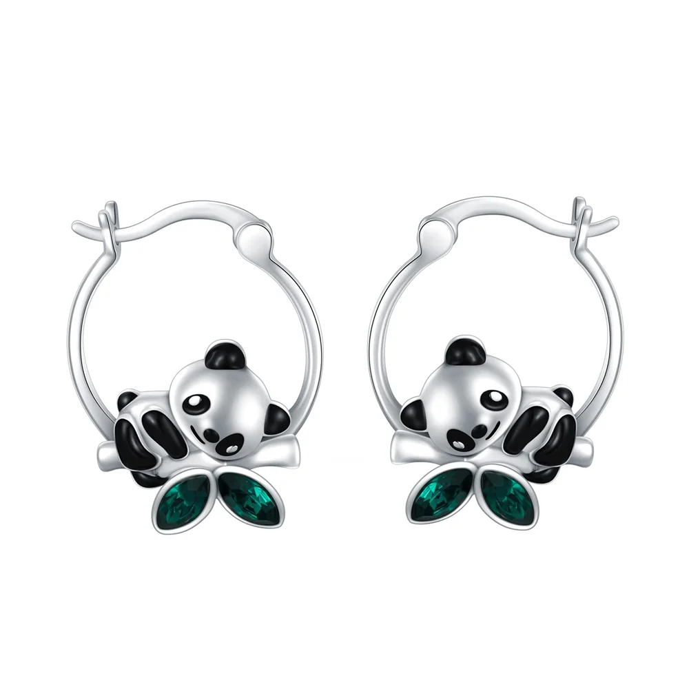 

Harong New Panda Enamel Hoop Earrings Inlaid with Emeralds Bamboo Cute Trendy Animal Silver Plated Jewelry for Girl Woman Gift