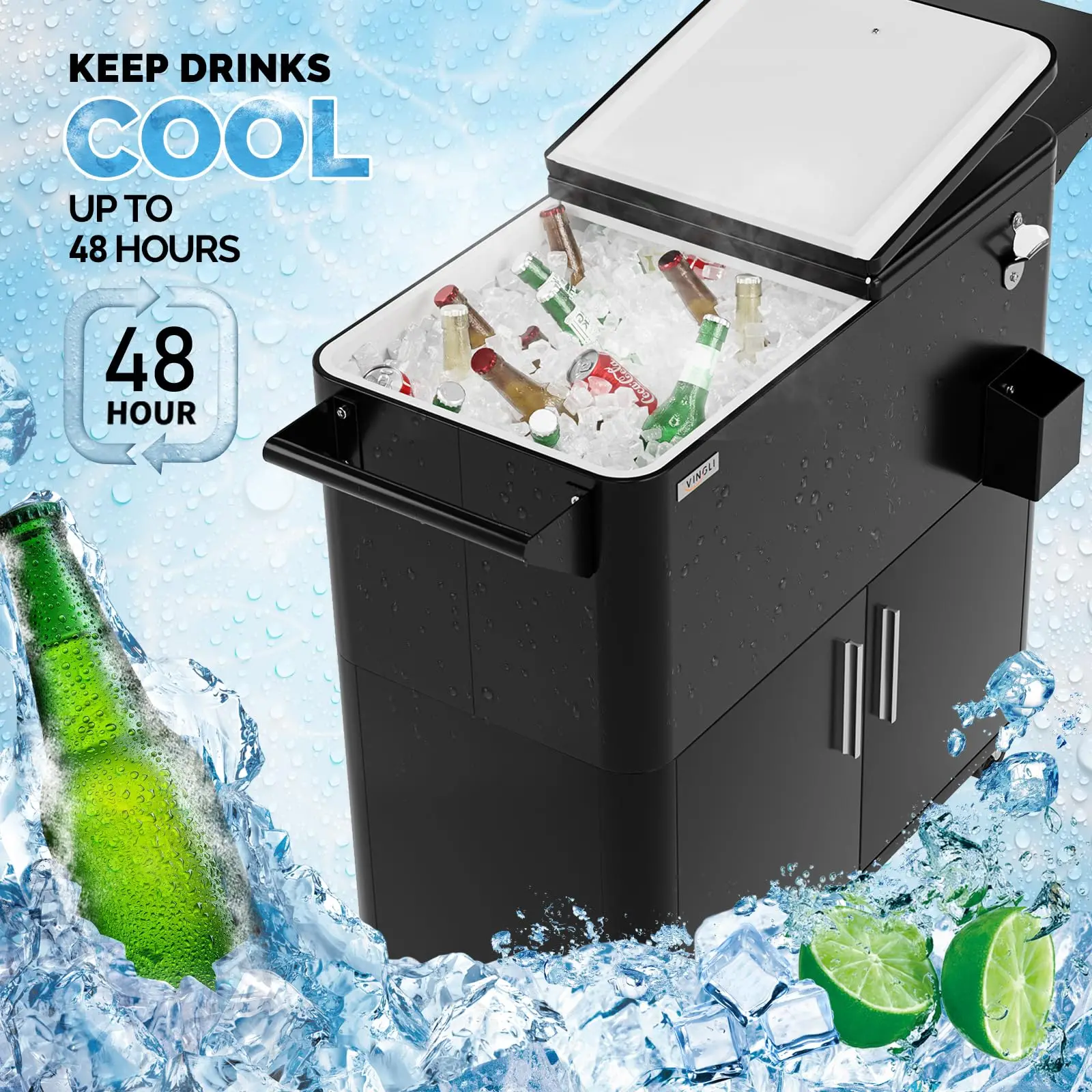 Patio Cooler, Ice Chest with Storage Cabinet, Bottle Opener Drainage, Outdoor Cooler for Party, Deck, Pool